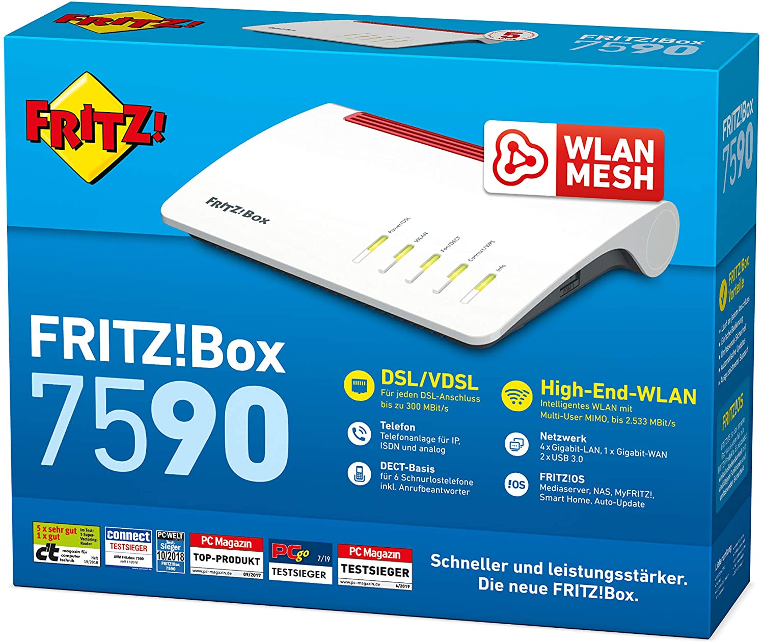 AVM FRITZ! Box 7590 WLAN AC+N Router (DSL/VDSL,1.733 MBit/s (5GHz) & 800 MBit/s (2,4 GHz), bis zu 300 MBit/s mit VDSL-Supervectoring 35b, WLAN Mesh, DECT-Basis, Media Server, geeignet für Deutschland)